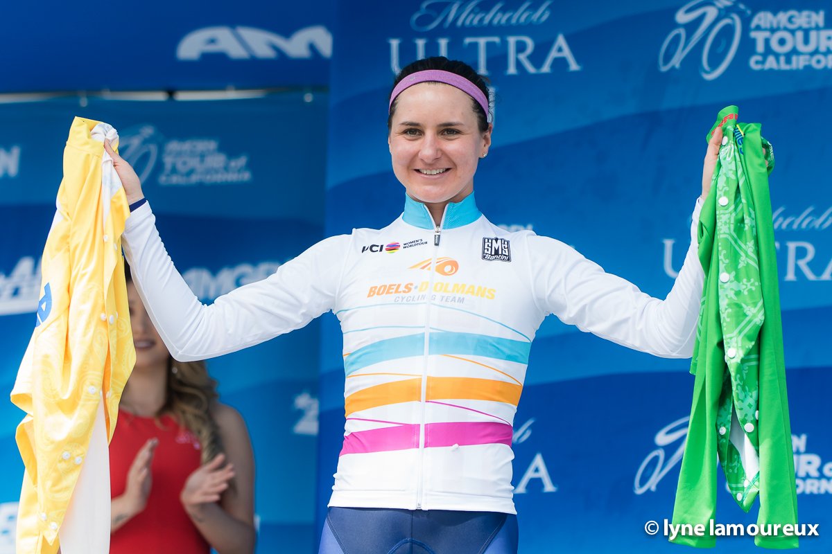 #amgentoc overall winner   <a href="/MeganGuarnier/">Megan Guarnier</a> of @boelsdolmansct  now leads #UCIWWT standings