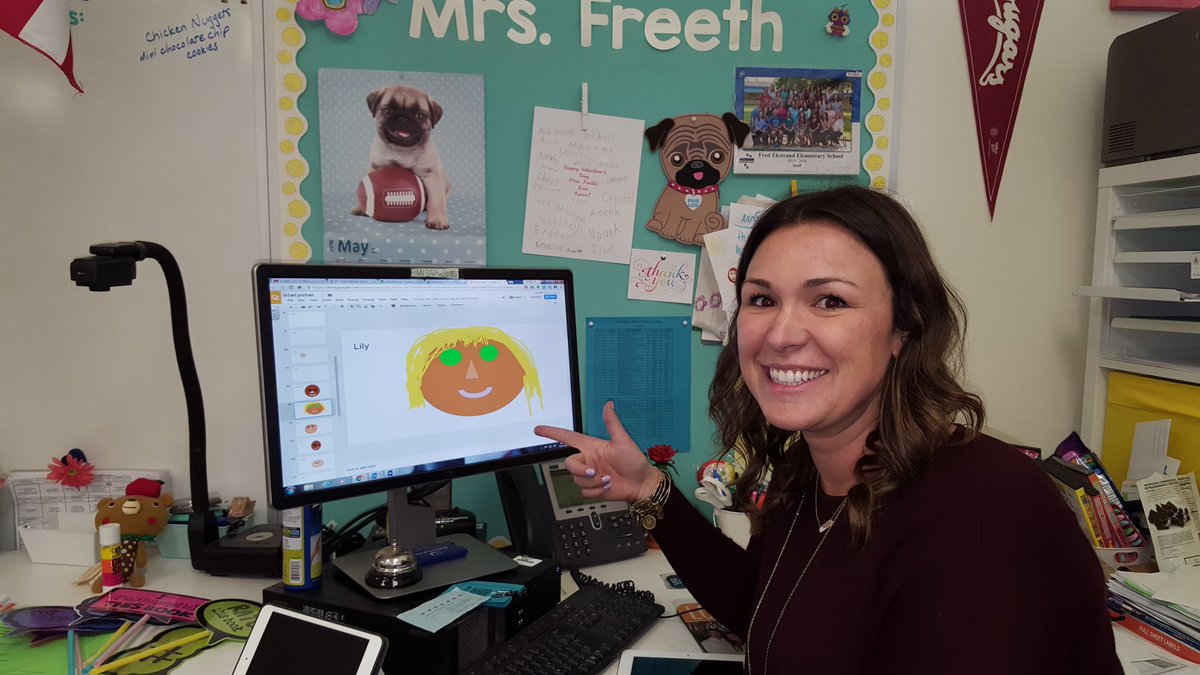 PintoBeanz11's tweet photo. This amazing teacher @mrs_freeth is doing COLLABORATIVE SLIDES w/ her 1sties. Ss made self portraits! #gafe4littles https://t.co/fC51xXaaMX