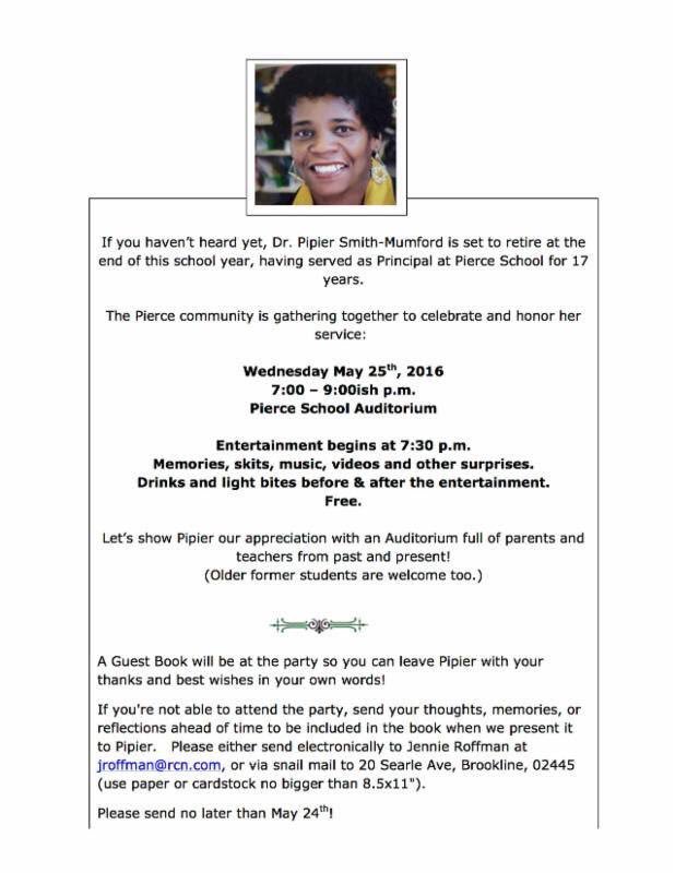 Join us at WED, 7pm to celebrate the retirement of Pierce School principal Dr. Piper Smith-Mumford! #brookline