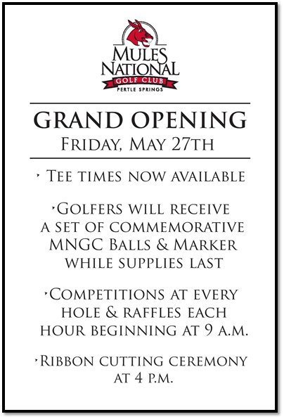 The <a href="/MulesNational/">Mules National Golf Club</a> Grand Opening is this Friday! Be sure to follow the new account as all updates will come there!