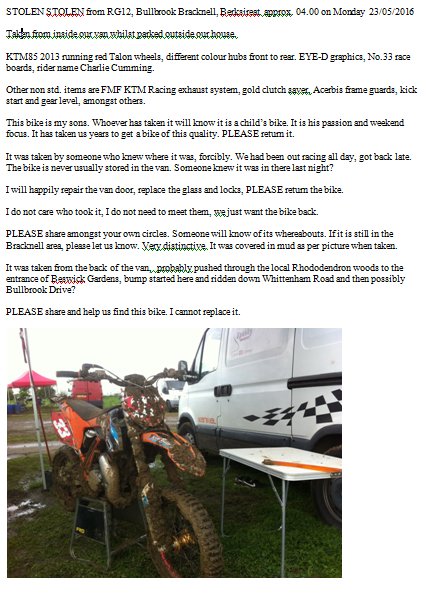 NealeCumming's tweet photo. KTM 85 2013 STOLEN from Bracknell, Berkshire early hours of Monday 23/5/2013.
Reward for return. https://t.co/f4QtTpnk7d