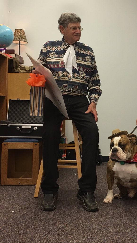 Mrs_Straley's tweet photo. We had a special visitor at school today! Fun times! Tank meets Hank the Cowdog's author, John Erickson. #packsaddle https://t.co/OnKI8C9vei