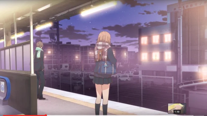 アニメを見た私とアシさんの感動を伝えようと比較画像並べて見たけど伝わる気がしない。アニメは漫画より夕方と夜の間の微妙な雰囲気が出てて素敵な白山駅でした!https://t.co/3IvPEvAX8k 