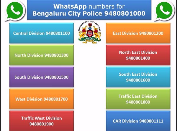 Now you can also #WhatsApp your complaint &amp; suggestions to <a href="/BlrCityPolice/">ಬೆಂಗಳೂರು ನಗರ ಪೊಲೀಸ್‌ BengaluruCityPolice</a> &amp; other Divisions on these numbers. <a href="/CPBlr/">CP Bengaluru ಪೊಲೀಸ್ ಆಯುಕ್ತ ಬೆಂಗಳೂರು</a>