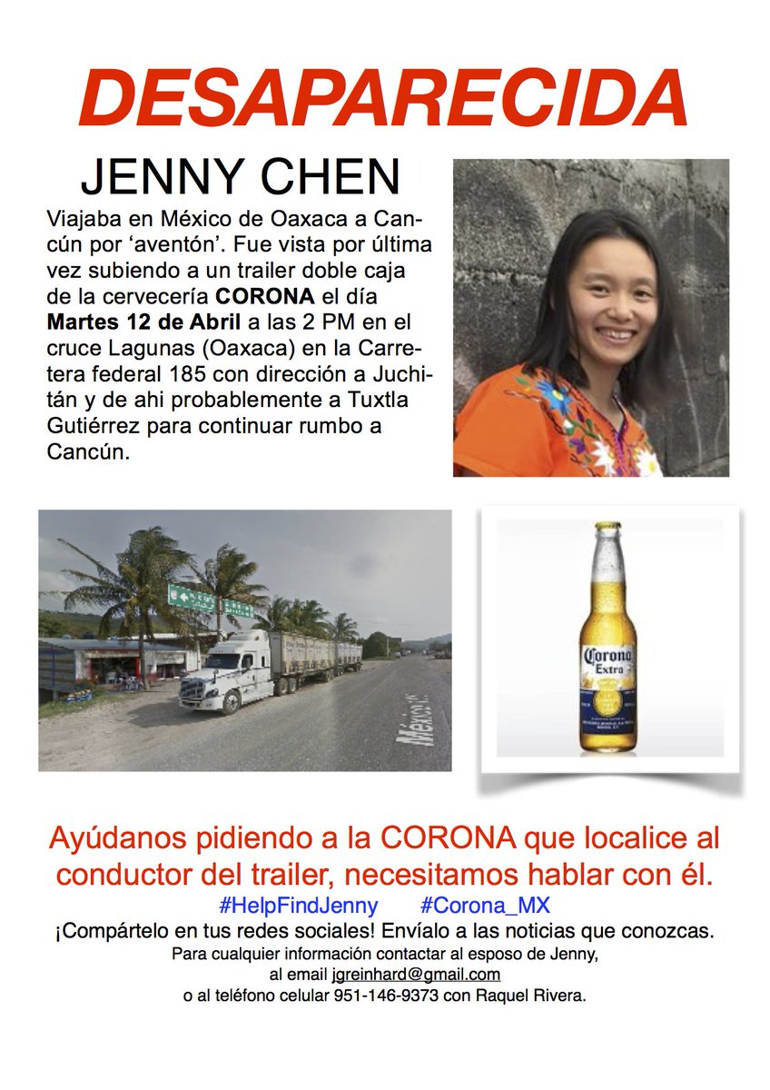 MexicoPI's tweet photo. #HelpFindJenny @corona @Corona_MX Jenny fue vista por última vez subiendo a un camión de Corona cuando iba a #Cancun https://t.co/erM2BUZQl0