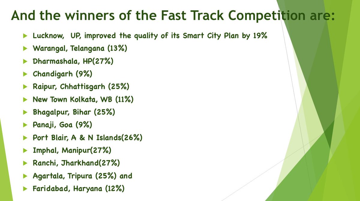 MVenkaiahNaidu's tweet photo. Here are the 13 winners of Fast Track #SmartCity Competition, #TransformingIndia https://t.co/OuxBziXhy9