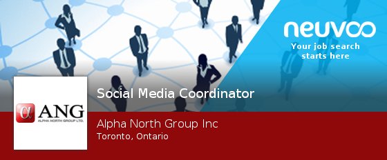 NeuvooSocMedTor's tweet photo. Alpha North Group Inc is hiring a #Social #Media Coordinator, apply now! #Toronto #jobs https://t.co/XKV4z3GNt4 https://t.co/YY0wWeS16E