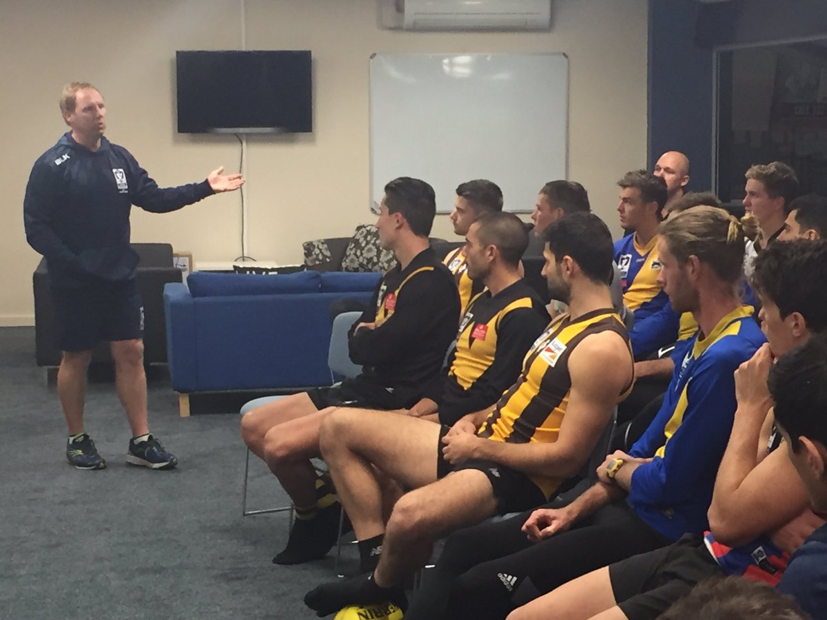 VFL's tweet photo. It begins for @VFL state team as Andy Collins addresses the players at night 1 of training #SANFLvPJVFL #statepride https://t.co/hyXmVX4FvE
