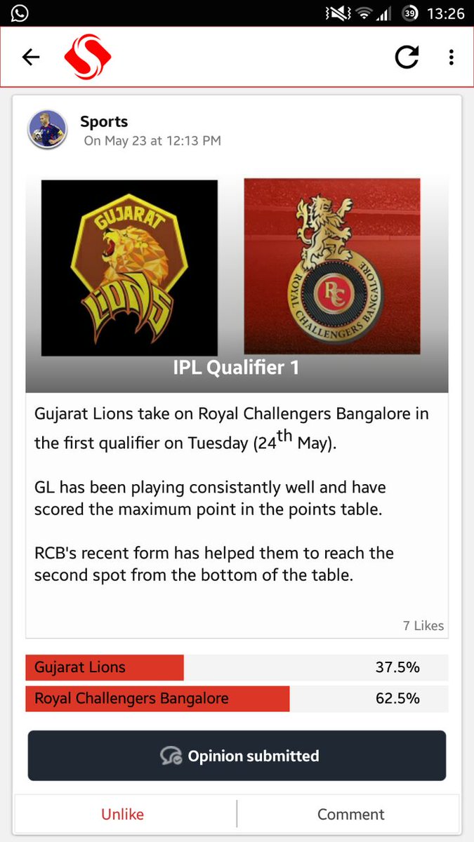 TheSnippetApp's tweet image. #IPL #GLvRCB Snippet results till now for match @TheGujaratLions vs @RCBTweets