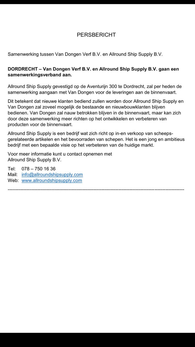 Persbericht samenwerking Allround Ship Supply B.V. - Van Dongen Verf B.V. #binnenvaart