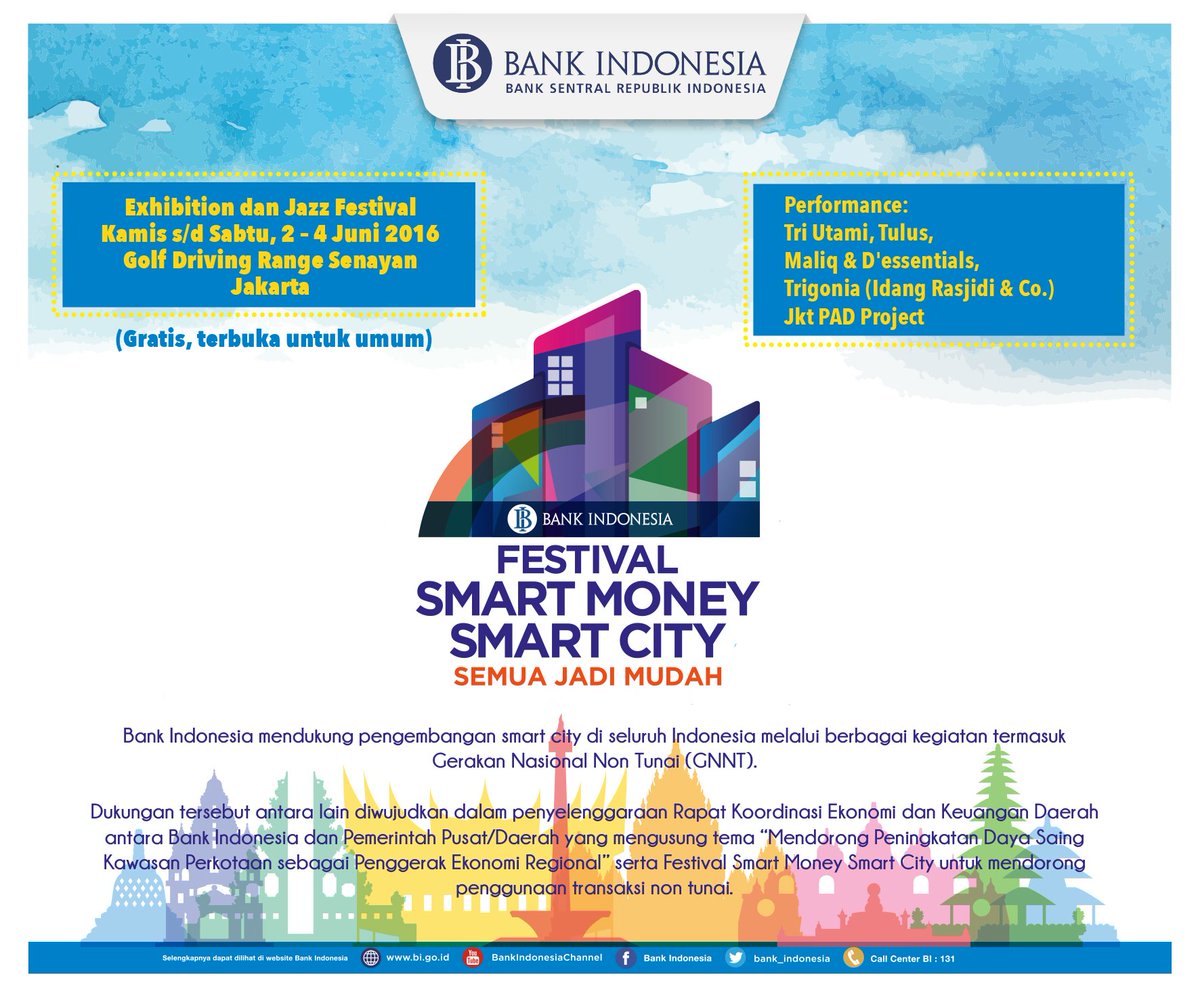 BI akan selenggarakan Festival Smart Money Smart City utk dukung Gerakan Nasional Nontunai (GNNT), 2-4 Juni 2016