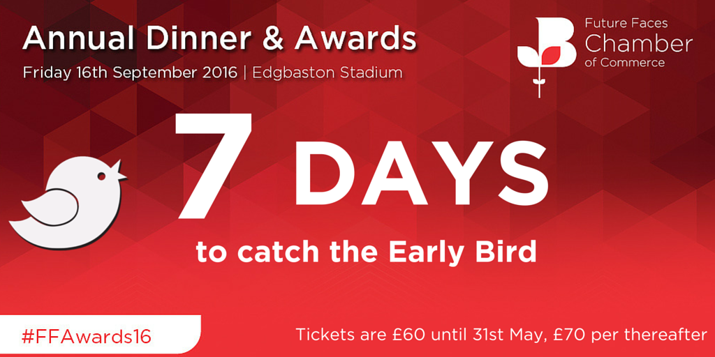 GrBhamChambers's tweet photo. Only 7 days left to catch the @bhamfaces Early Bird ticket rate for the #FFAwards16 https://t.co/LcsClwXqeZ https://t.co/vn0B9VnDoB