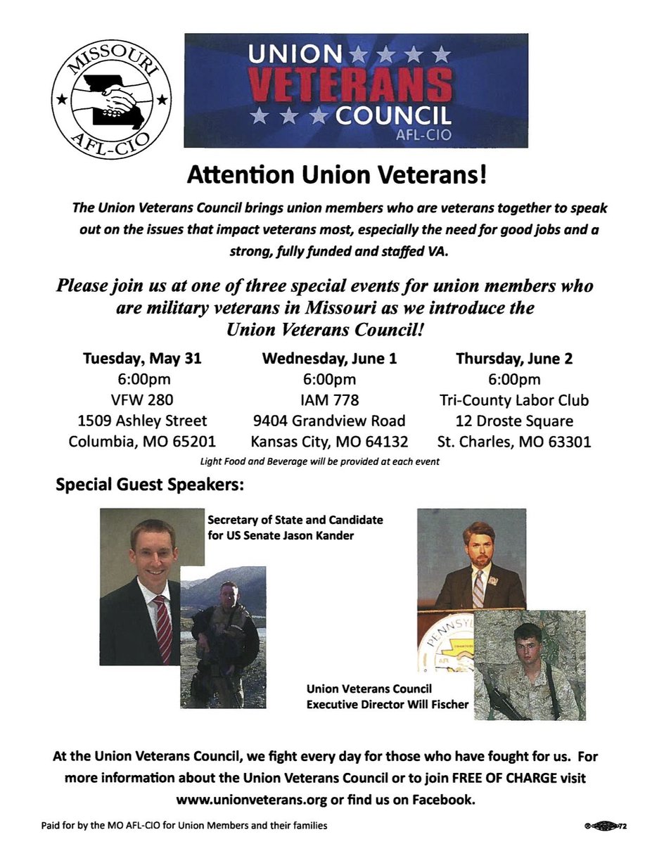 GreaterKCAFLCIO's tweet image. Help us welcome @unionveterans to Missouri; Guest Speaker @JasonKander.  More information at unionveterans.org