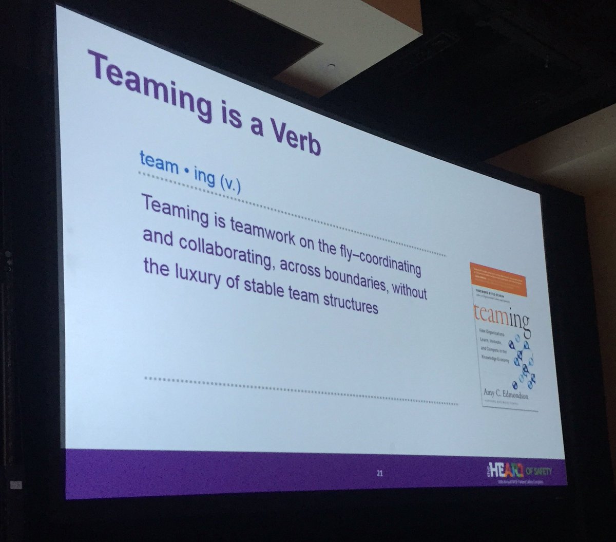 Bob_Wachter's tweet photo. At #NPSF18, @AmyCEdmondson says great to have stable, predictable teams, but in healthcare most of work is "teaming" https://t.co/IEoucDELaB