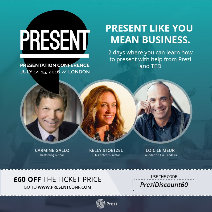 Become a master of storytelling and presenting at <a href="/PresentCon/">PRESENT Conference</a> by Prezi! Get £60 off with the code “PreziDiscount60”