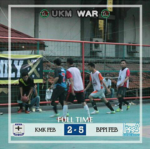 Hasil pertandingan terakhir di hari ini dimenangkan oleh  BPPI FEB melawan KMK FEB dgn score 5 - 2 !!