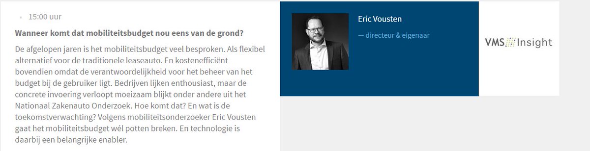 VMS_Insight's tweet image. Eric Vousten van VMS | Insight start om 15.00 over het mobiliteitsbudget @ het #fleetmanagement event! Kom ook!