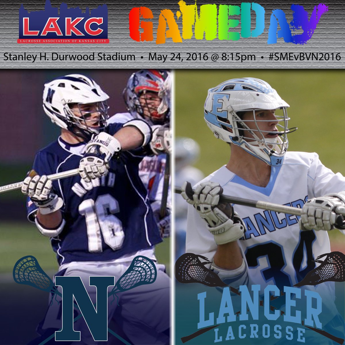 LAKCLaxLeague's tweet photo. Semifinal Game Day #2 @SmeLancerLax verses #3 @BVNMustangLax. 8:15 at UMKC Durwood Stadium. #LAKC2016 #SMEvBVN2016 https://t.co/zqEXoLO0lJ