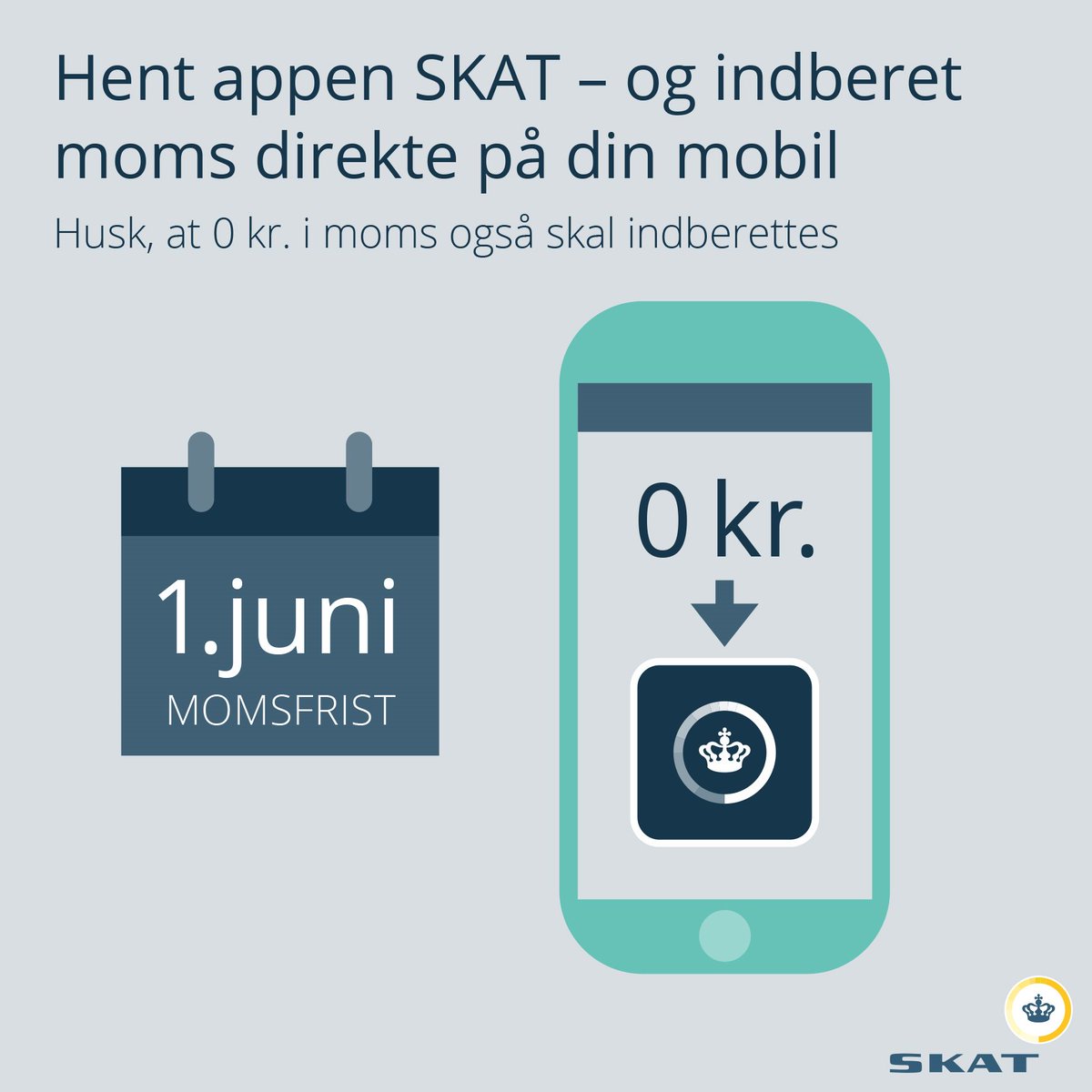 Skattestyrelsen's tweet photo. Momsfrist 1. juni. Indberet direkte i SKAT-appen, som findes i App Store + Google Play. #skatdk #servicetweet #dkbiz https://t.co/MkaZexNXqU