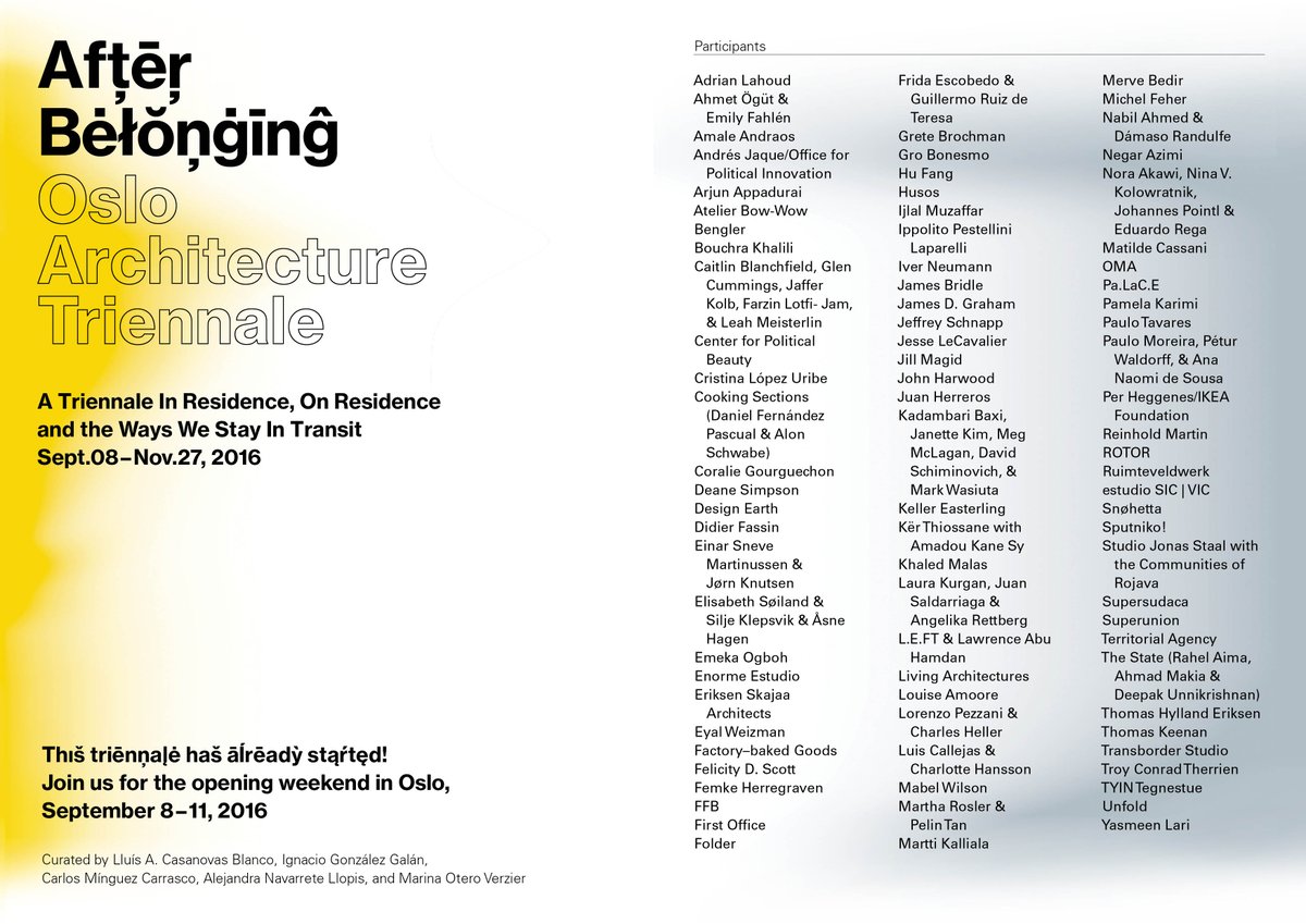 Really excited to announce the participants of the <a href="/oslotriennale/">oslotriennale</a> <a href="/AfterBelonging/">After Belonging</a> !