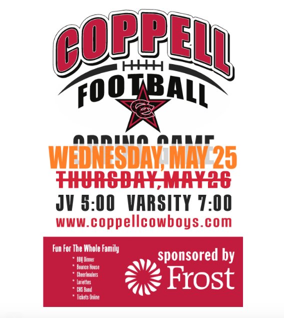 Due to impending bad weather, the CHS Annual Spring Football Game is now Wed, 5/25. JV at 5pm and Varsity at 7pm.