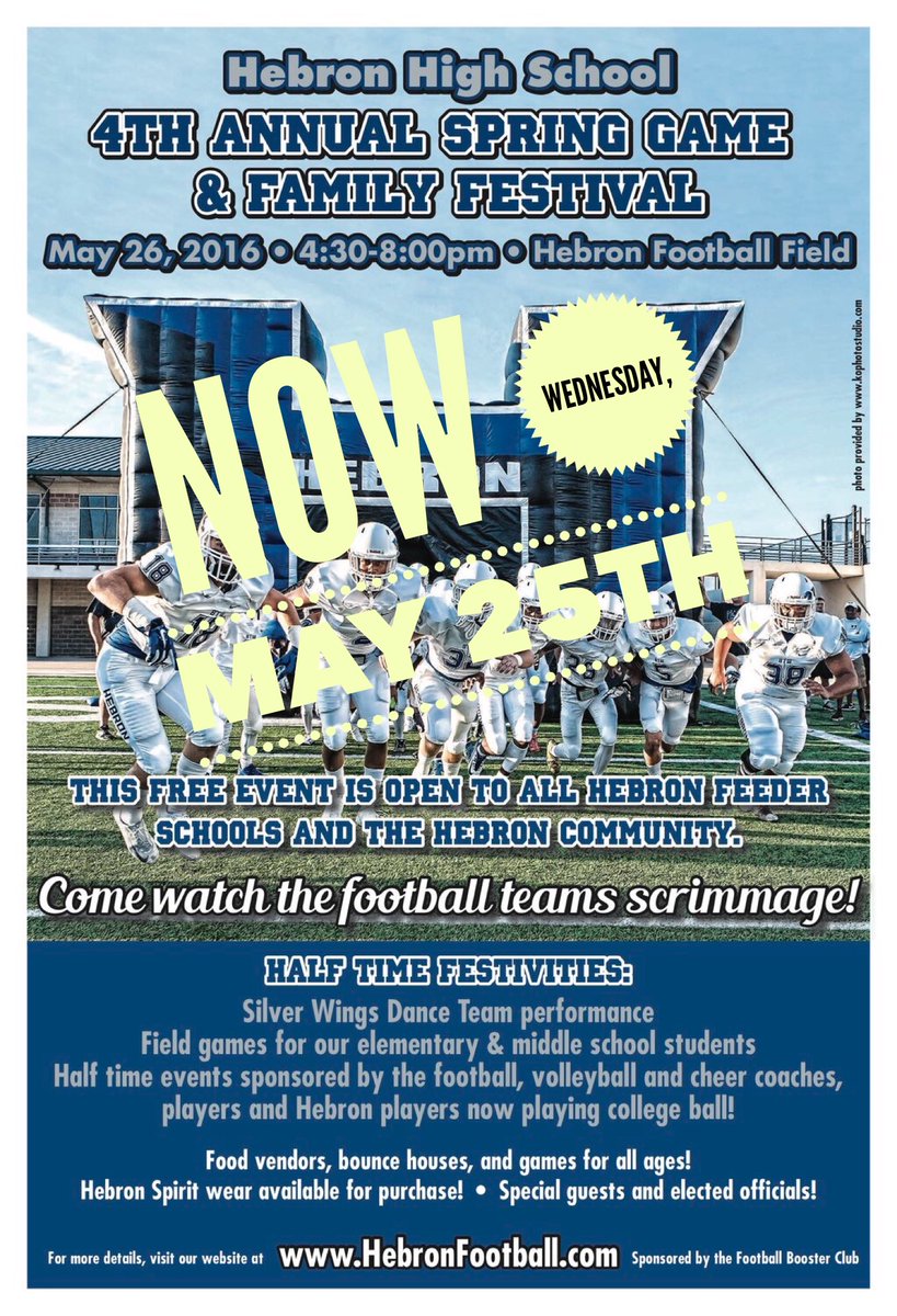HebronFBBooster's tweet image. *New Date* for Hebron HS Spring Game - tomorrow, Wednesday, May 25th. #FamilyFun #SpringGame2016