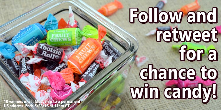 #FOLLOW and #RETWEET for a chance to win a bag of Fruit Chews &amp; Tootsie Rolls! Multiple Winners! Ends 5/26 @ 11am CT