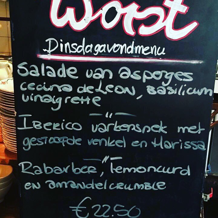 worstwijncafe's tweet photo. #Menu 24 mei #asperges #cecinadeleon #iberico #varkensnek #venkel #harissa #rabarber #lemoncurd #amandelcrumble https://t.co/0CBLYQQvpk