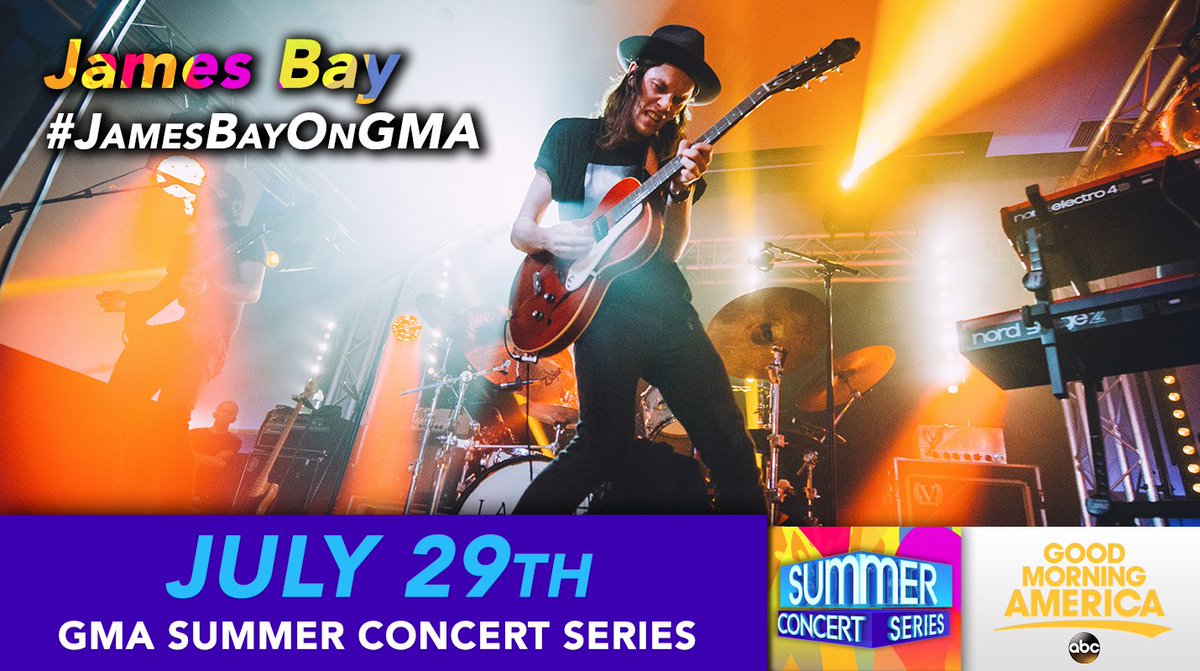 JamesBayMusic's tweet photo. Excited for this one 😆 Tune into @GMA July 29th for #JamesBayOnGMA! If you’re in NYC come see me in Central Park! ✌ https://t.co/4PvhQ8giX4
