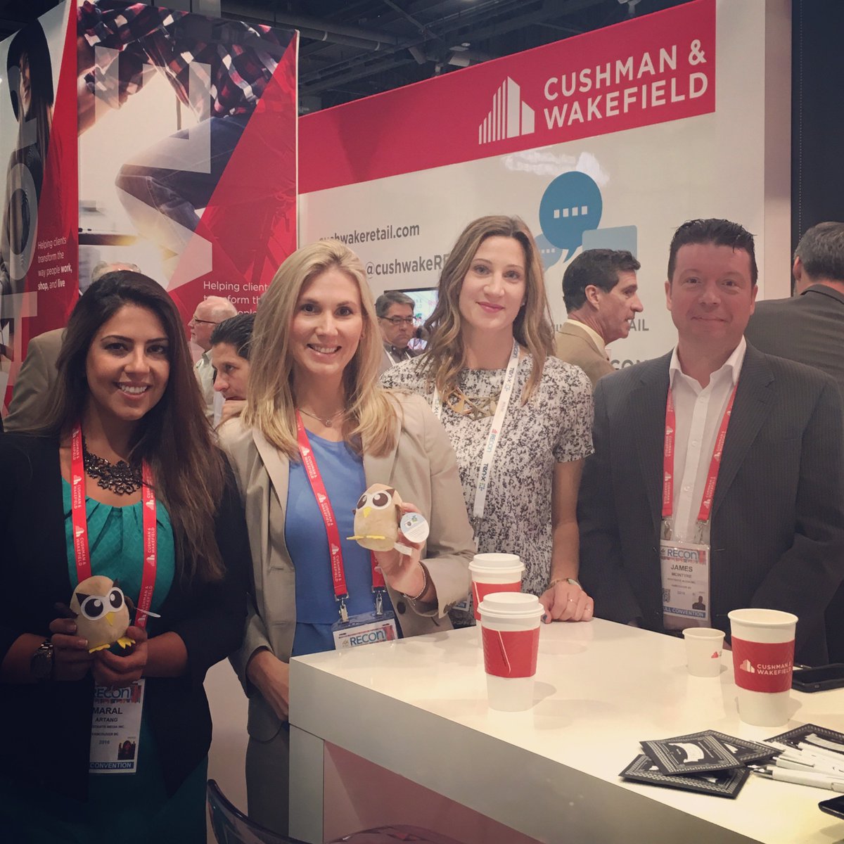The <a href="/hootsuite/">Hootsuite 🦉</a>  &amp; <a href="/CushWakeRETAIL/">Cushman Wakefield</a> team at the #CWRECon16 booth. Drop by and say hi! #RECon16 #WeHaveCuteFluffyOwlys
