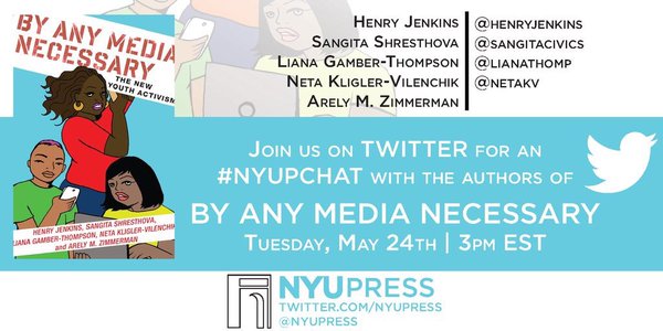 excited to be part of this twitter chat today! <a href="/NYUpress/">NYU Press</a> <a href="/lianathomp/">Liana Gamber-Thompson</a> <a href="/Netakv/">NetaKliglerVilenchik 🎗</a>  #NYUCHAT <a href="/henryjenkins/">Henry Jenkins</a>