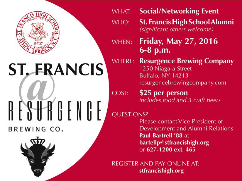 Stfrancishigh's tweet photo. The Alumni Networking Event at @ResurgenceBrew is this Friday! Pay at the door or RSVP: 
https://t.co/H4zBWacvwN… https://t.co/43JanADVrb
