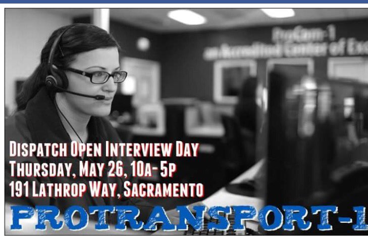ProTransport1's tweet image. Looking for an #emscareer? Come to our open interview day for #Sacramento #dispatchers! #EMS @sacjobs1