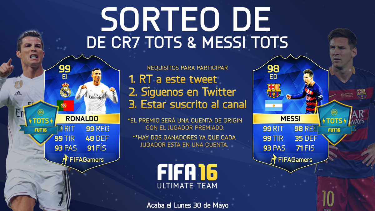 FIFAGamersYT's tweet photo. 😍¡SORTEO MESSI TOTS &amp; RONALDO TOTS!😍
1. Síguenos en @FIFAGamersYT
2. Suscríbete a nuestro canal.
3. RT este tweet. https://t.co/g3ayCciXuX
