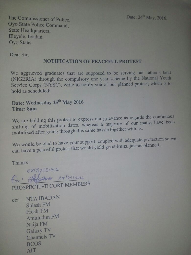 Presidentsegun's tweet photo. Proposed peaceful protest tomorrow #NoPostponementOf2016BatchAStream2 #NYSCPeacefulProtest CC: @nysc_ng @channelstv https://t.co/H8c7azZYgC