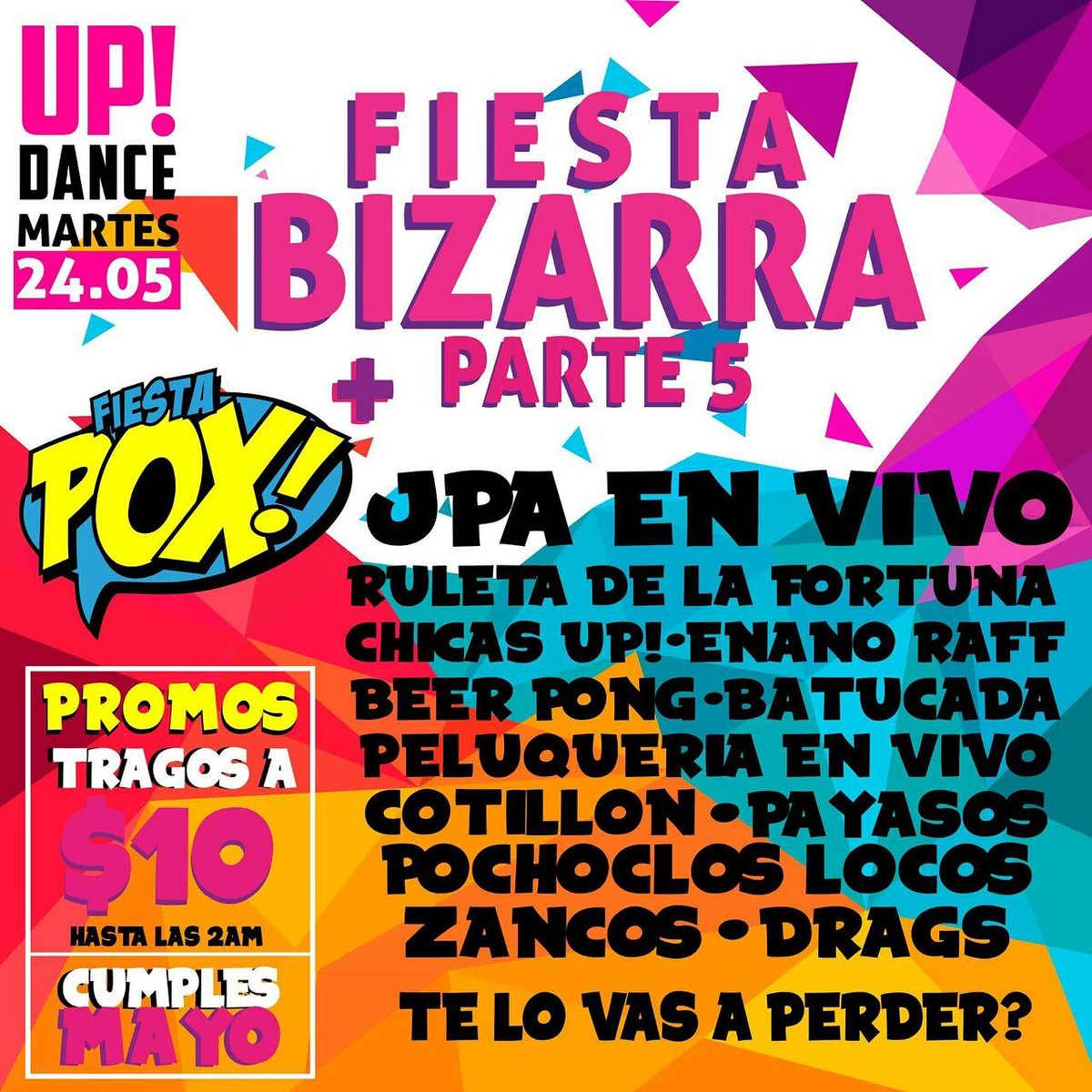 UPDance16's tweet photo. Martes bien #Bizarro en UP! Si venis disfrazado tenes consumicion free! Ademas #promocumples y #tragos $10.
#SomosUP https://t.co/HJBhHIKQ7L