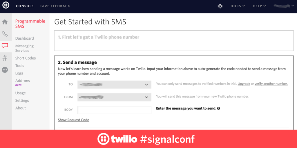 twilio's tweet photo. Get up to speed on how to use SMS directly inside the new Console: https://t.co/ug5tMtZSuR #signalconf https://t.co/jAcDVodkUy