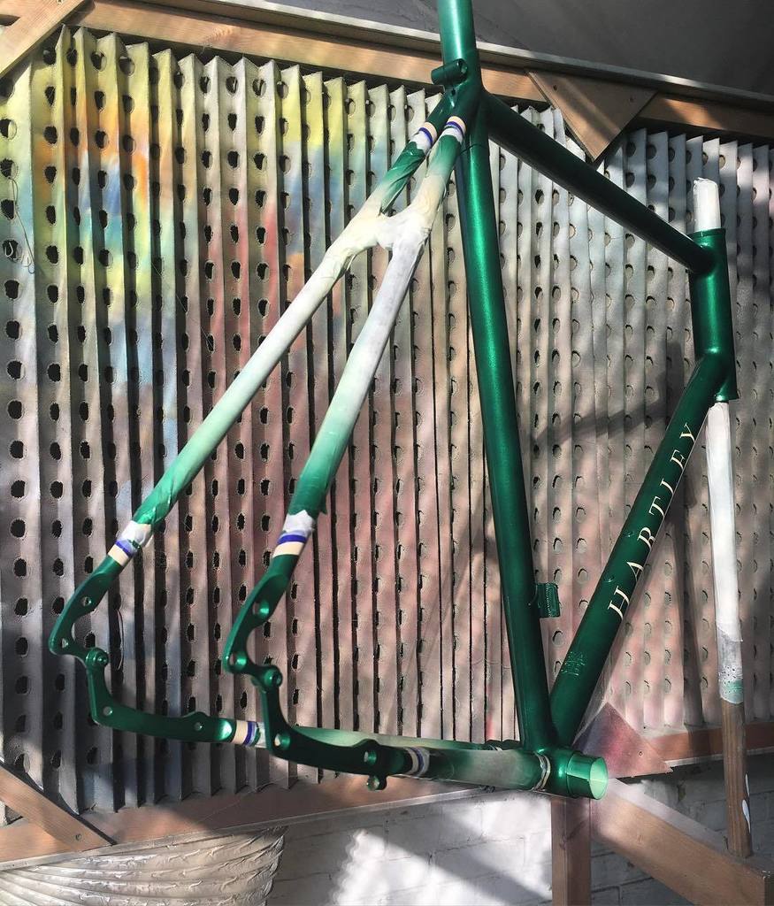 HartleyCycles's tweet photo. First clear coat on & sparkling in the evening sun. #custompaint #bespoke #madeinlondon #roadbike #roaddisc #roadcy… https://t.co/BBWblAZGh2