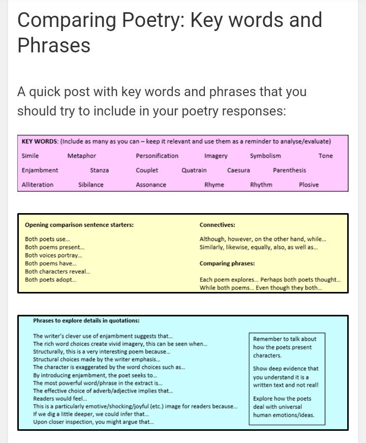 Rma English And Media Useful Phrases For Comparing Poetry Aqaenglishlit Aqaenglishliterature T Co Ruefzxir Twitter