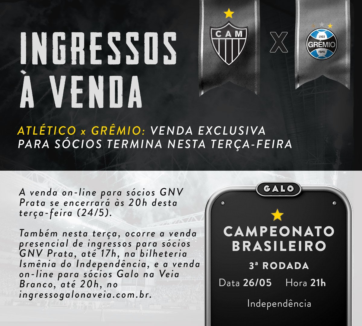 Atlético x Grêmio — venda de ingressos para sócios termina nesta terça-feira: j.mp/1TFs4pa #Galo