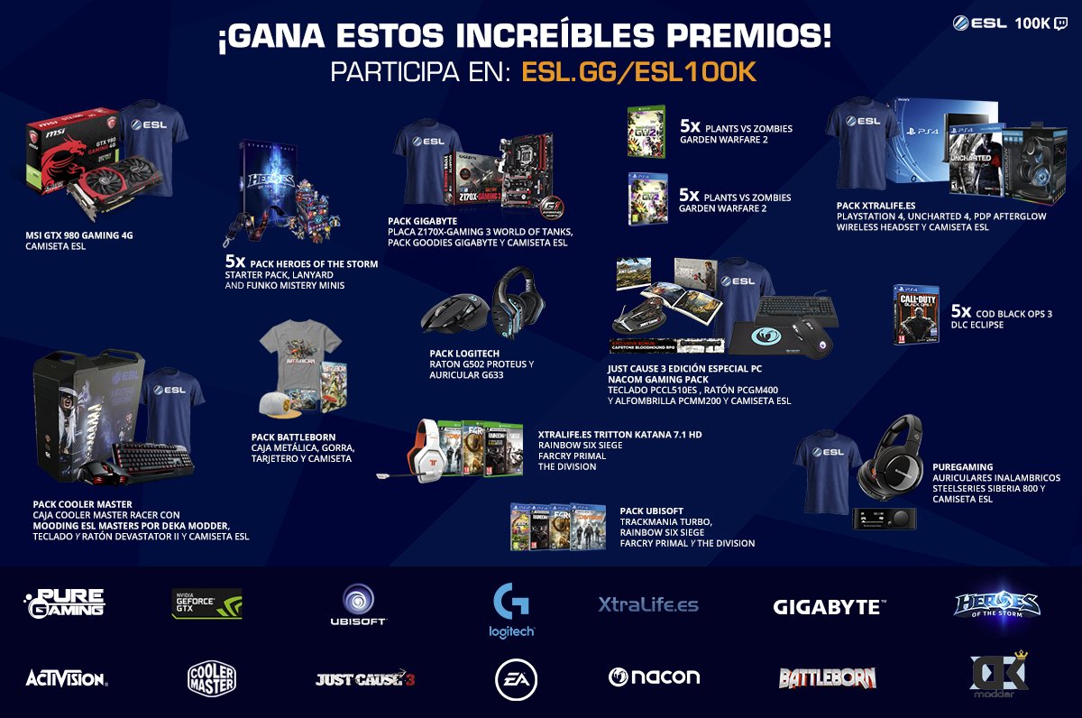 ESLspain's tweet photo. Macrosorteo para celebrar nuestros #ESL100K en @TwitchES ¡gracias a todos y a participar! https://t.co/e1gk3RBlsz https://t.co/i9fljvgXxo