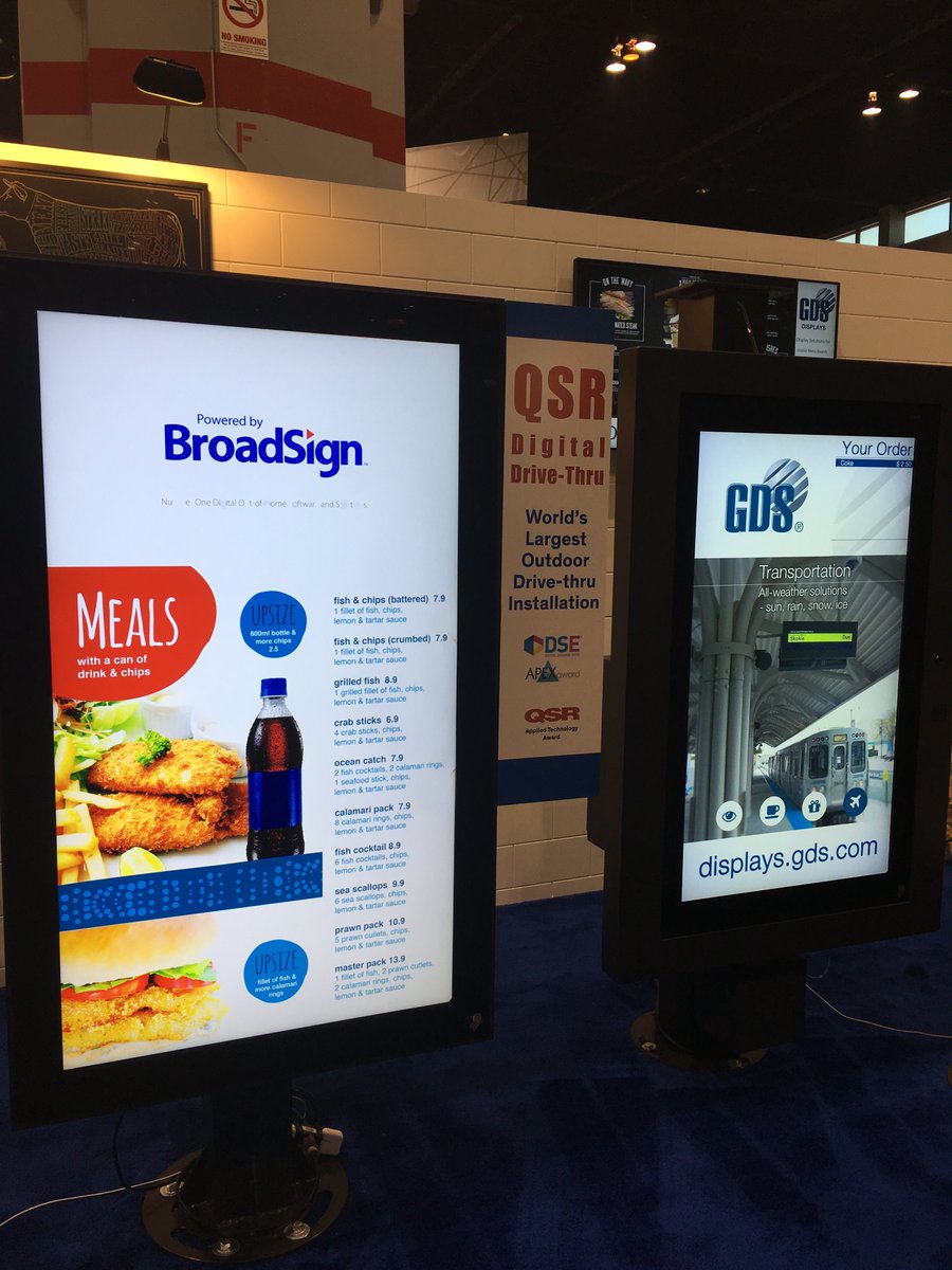 Broadsign's tweet photo. Happily powering this digital menu board at the @GDSNews booth 6373 at @NRAShow in #Chicago. #DOOH #restaurants https://t.co/UW3cKgmNZY