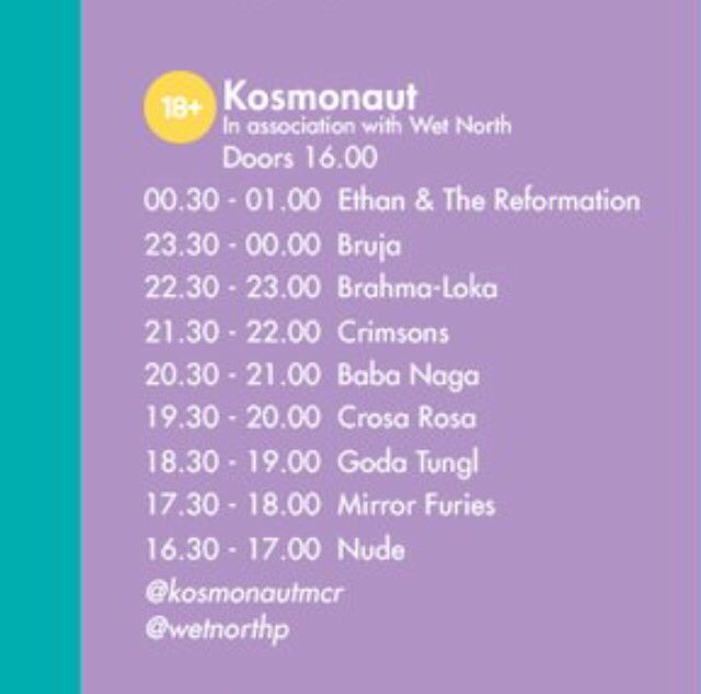 notasummerfest's tweet photo. Here are the set times for @wetnorthp's stage at @kosmonautmcr this Friday as part of @d2dmanchester! https://t.co/0idYgmfy38