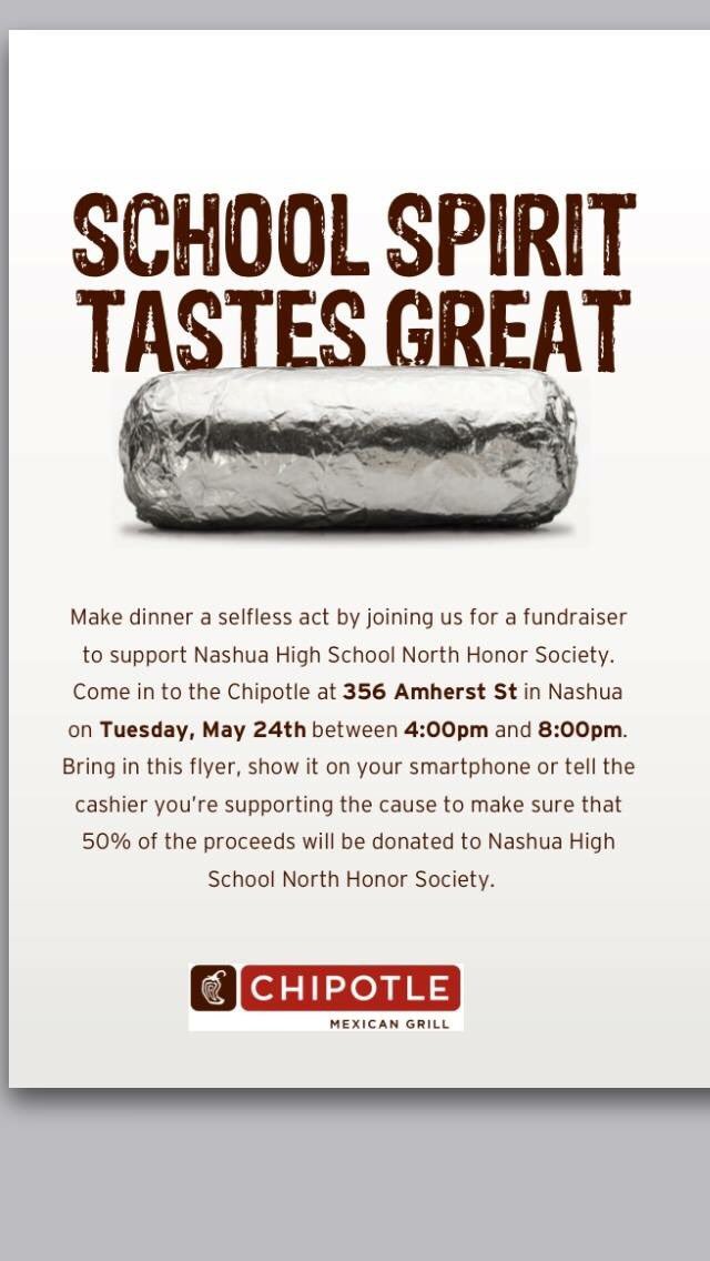 NashuaNorthNHS's tweet image. Chipotle fundraiser tonight 4-8 pm! Come out and support🌯‼️