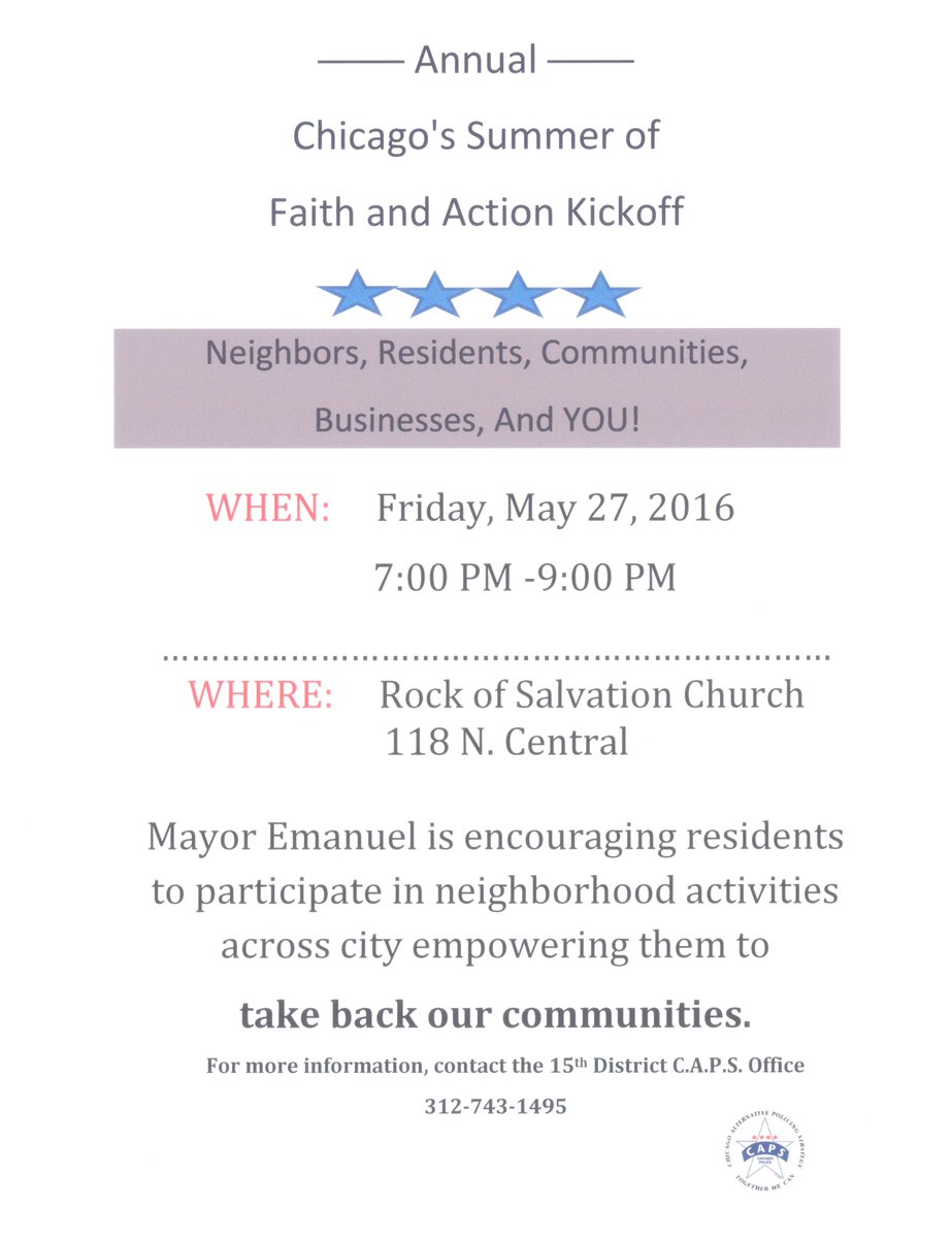 ChicagoCAPS15's tweet photo. #Join15 #CommunityInfo Join our summer kickoff of Faith and Action 7pm at Rock of Salvation Church 118 N Central https://t.co/htc3TLgbuR