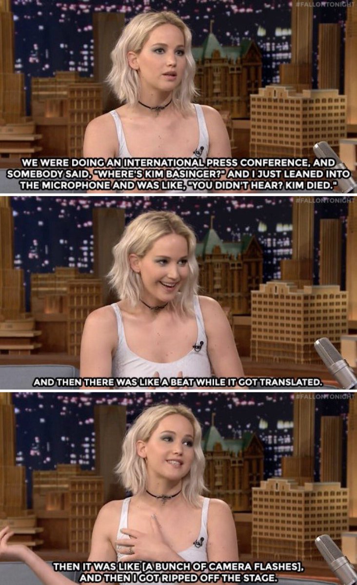 latejimmyfallon's tweet photo. Jennifer Lawrence once told a room full of journalists that Kim Basinger died: https://t.co/r9s9I4WRMw https://t.co/shka5hCVys