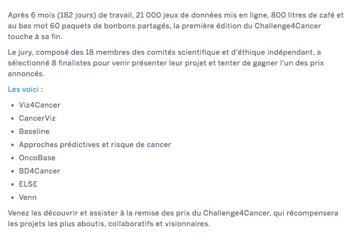 cathcoste's tweet photo. #ChallengeForCancer Voici les finalistes ! Venez fêter cette aventure à @LaPaillasse, via @epidemium_cc #opendata https://t.co/14h3WCmDZs