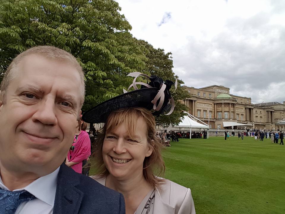 tigerstowting's tweet photo. Julie &amp; Robin (owners of the Tiger) enjoying tea in Buckingham Palace garden today after Julie was awarded the BEM. https://t.co/ua3YXVcsPB