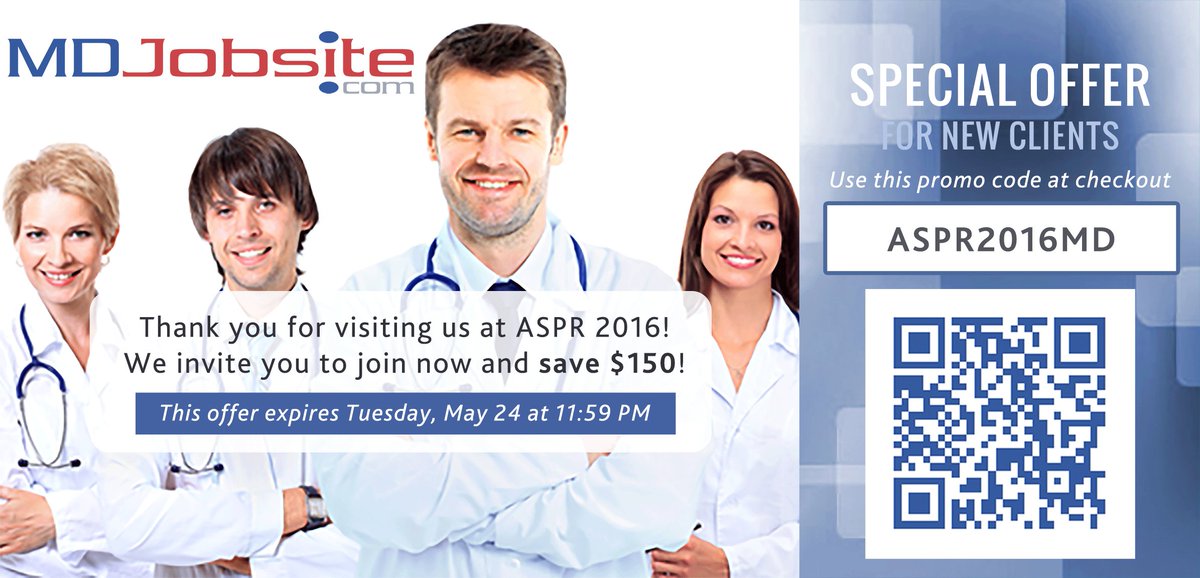 MDJobSite's tweet photo. Thanks for visiting us at #ASPR2016 in New Orleans! Be sure to use this promo code by midnight tonight for $150 off! https://t.co/G42vGjESHZ
