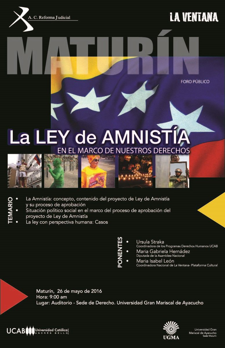 ustraka's tweet photo. #26mayo 9:00am. Foro Ley de AMNISTÍA.Auditorio-Derecho.UGMA. Maturin @ReformaJudicial @lacatolica @Ventana_Popular https://t.co/9WLQer0Esn
